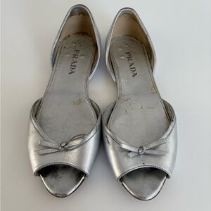 Auth VTG PRADA Silver Leather Flats